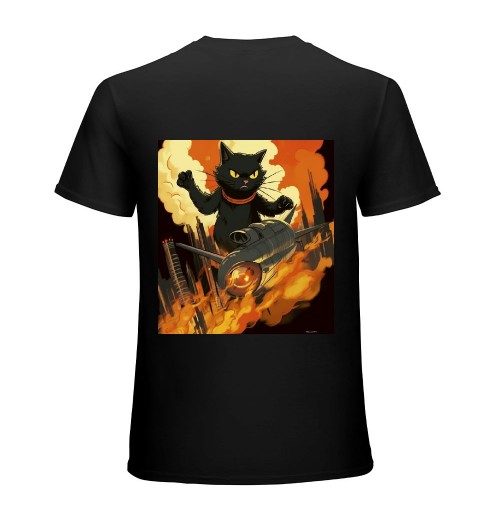 Black Japanese Catzilla Sunset T-Shirt - Classic Fit, Crew Neck, Cotton & Polyester Blend