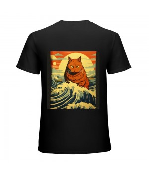 Vintage Funny Cute Cat Art Japanese Sunset Waves T-Shirt