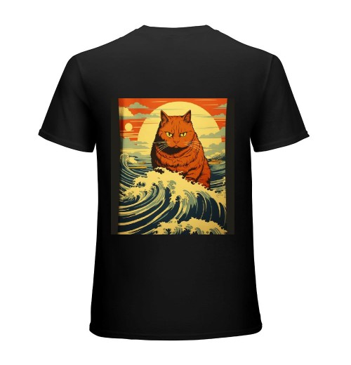 Vintage Funny Cute Cat Art Japanese Sunset Waves T-Shirt