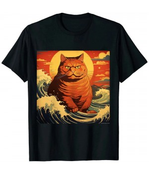 Ulloord Catzilla Vintage Funny Cute Cat Art Japanese Sunset Waves T-Shirt