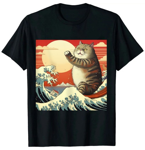 Ulloord Catzilla Cat Japanese Art Funny Cat Gifts For Men Women Kid T-Shirt