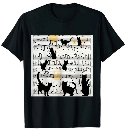 Ulloord Cute Cat Kitty Playing Music Note Clef Musician Art T-Shirt