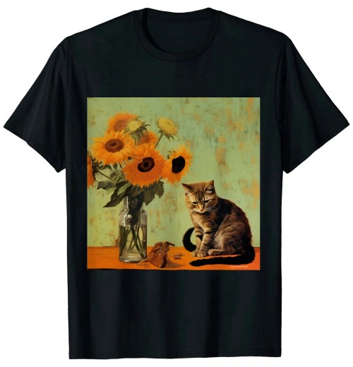 Ulloord Van Gogh Sunflowers Funny cat art painting T-Shirt