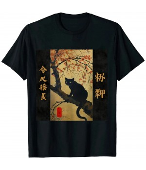 Ulloord Vintage Japan Art - Japanese Theme Retro Print Black Cat T-Shirt