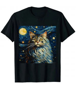 Ulloord Maine coon Cat Art Van Gogh Inspired Starry Night Cat Design T-Shirt