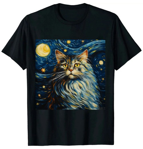 Ulloord Maine coon Cat Art Van Gogh Inspired Starry Night Cat Design T-Shirt