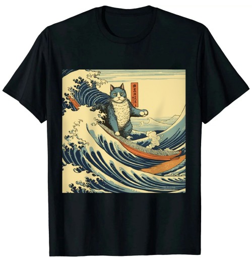 Ulloord Surfing Cat Hokusai Great Wave Off Kanagawa Japanese Art T-Shirt