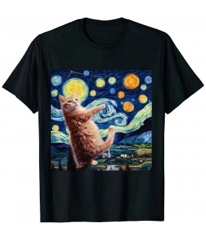 Ulloord Funny Cat Starry Night Cat - Women's Cat Van Gogh Art T-Shirt