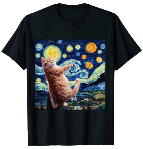 Ulloord Funny Cat Starry Night Cat - Women's Cat Van Gogh Art T-Shirt