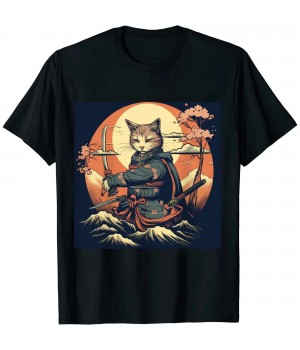 Ulloord Japanese Art Cat Ninja Ukiyo-e Anime Style Samurai Cat T-Shirt