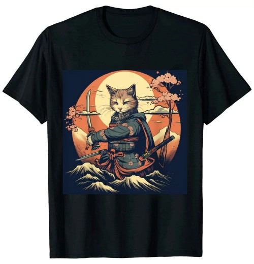 Ulloord Japanese Art Cat Ninja Ukiyo-e Anime Style Samurai Cat T-Shirt