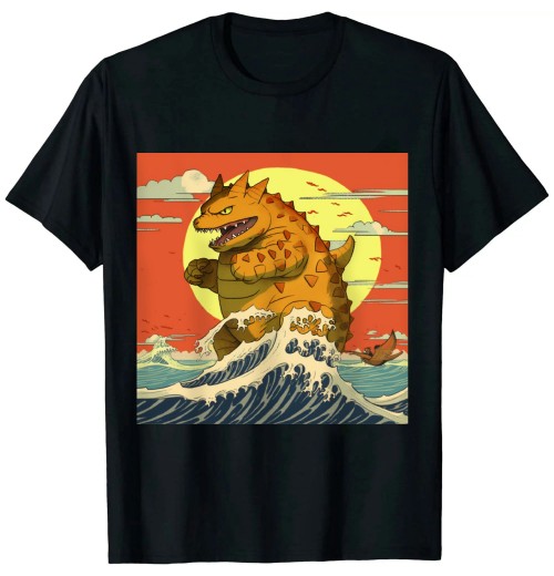 Ulloord Catzilla Vintage Funny Cute Cat Art Japanese Sunset T-Shirt