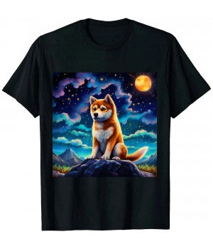 Ulloord Cute Shiba Inu Puppy Dog In A Starry Night Dog Art Painting T-Shirt