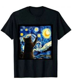 Ulloord Starry Night Cat T-Shirt - Classic Fit, Cat Lover/Mom/Dad Gift, Black Crew Neck