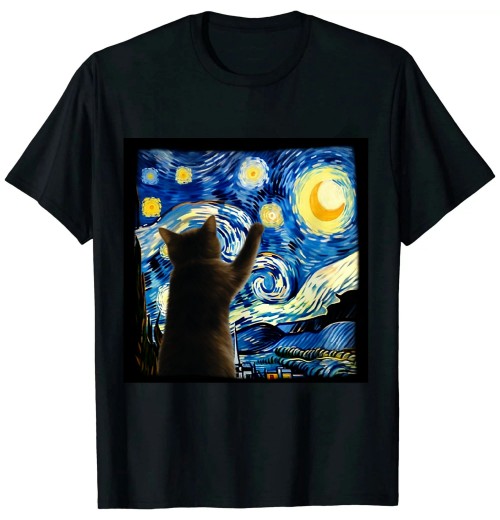 Ulloord Starry Night Cat T-Shirt - Classic Fit, Cat Lover/Mom/Dad Gift, Black Crew Neck