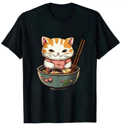 Ulloord Cat eating Ramen Noodles with Hearts Valentines Day T-Shirt