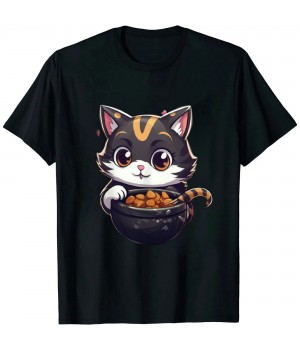 Ulloord Cat eating Ramen Noodles with Hearts Valentines Day T-Shirt