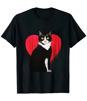 Ulloord Funny Black Cat Valentine's Day Heart Tuxedo Cat Lover T-Shirt