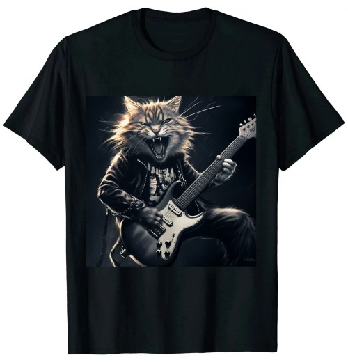 Ulloord Rock  mens woman Funny Guitar Cat T-Shirt