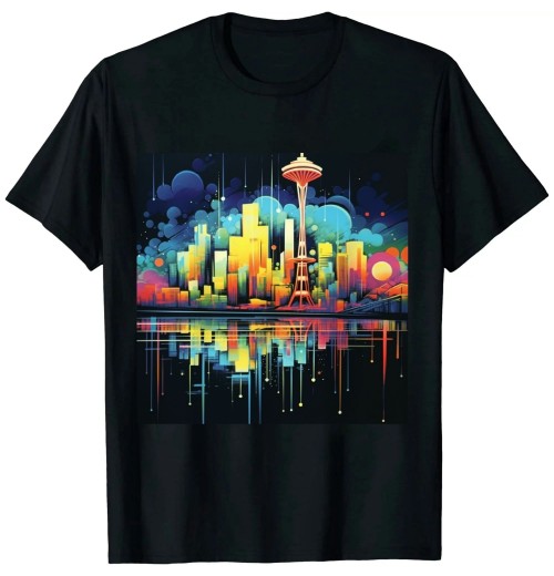 Ulloord Seattle City Skyline Abstract Graphic Tee for Home Decor Men T-Shirt