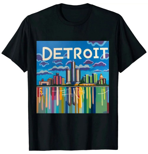 Ulloord Detroit Michigan Retro Watercolor City Skyline Art Souvenir T-Shirt