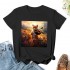 Shangniulu Classic round neck women's T-shirt, cute little fox playing guitar T-shirt with soft fabric, good elasticity, lightweight and breathable