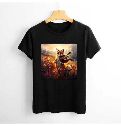 Shangniulu Classic round neck women's T-shirt, cute little fox playing guitar T-shirt with soft fabric, good elasticity, lightweight and breathable