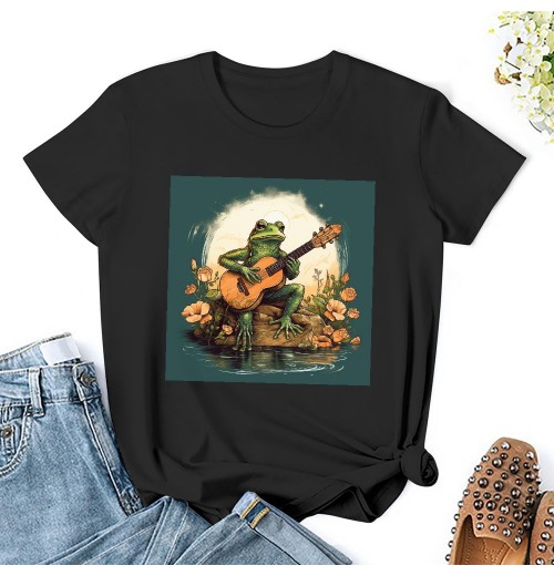 Shangniulu Womens Frog Shirt Cute Frog Playing Guitar Cottagecore T-Shirt Casual Graphic Tee Short Sleeve Top