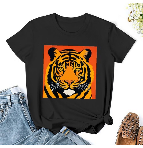 Shangniulu Classic round neck women's T-shirt, tiger head T-shirt with soft fabric, good elasticity, lightweight and breathable