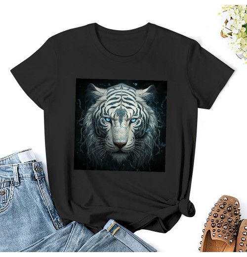 Shangniulu Tiger Artwork - Blue Eyes - Animal Art Tiger T-Shirt Classic round neck women's T-shirt