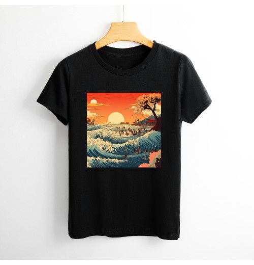 Shangniulu Classic round neck women's T-shirt, Japanese painting sunset T-shirt with soft fabric, good elasticity, lightweight and breathable