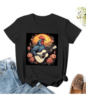 Shangniulu Womens Cottagecore Shirt Rooster Playing Guitar T-Shirt Aesthetic Graphic Tee Short Sleeve Top