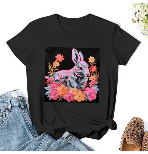 Shangniulu Classic round neck women's T-shirt, cute rabbit personalized fashion T-shirt with soft fabric, good elasticity, lightweight and breathable