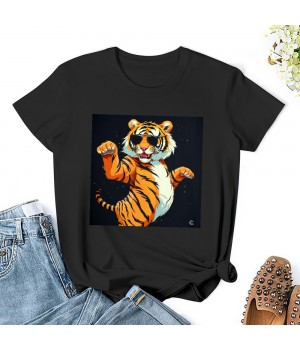 Shangniulu Classic round neck women's T-shirt, tiger wearing sunglasses, summer personalized fashion T-shirt with soft fabric, good elasticity, lightweight and breathable