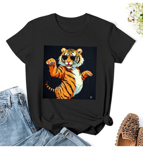 Shangniulu Classic round neck women's T-shirt, tiger wearing sunglasses, summer personalized fashion T-shirt with soft fabric, good elasticity, lightweight and breathable