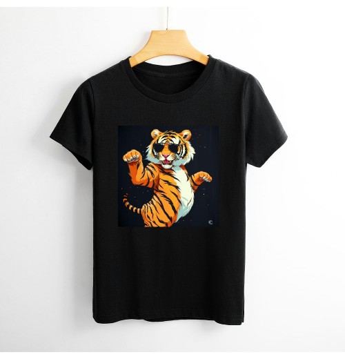 Shangniulu Classic round neck women's T-shirt, tiger wearing sunglasses, summer personalized fashion T-shirt with soft fabric, good elasticity, lightweight and breathable