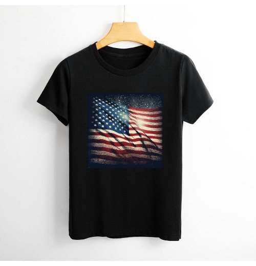 Shangniulu Classic round neck women's T-shirt, printed with the American flag, summer personalized fashion T-shirt, soft fabric, good elasticity, lightweight and breathable