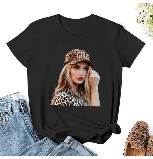 Shangniulu Classic round neck women's T-shirt, leopard print girl print summer personalized fashion T-shirt soft fabric, good elasticity, lightweight and breathable