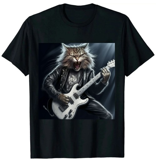 Rock  mens woman Funny Guitar Cat T-Shirt