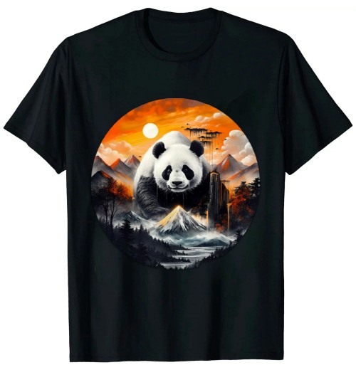 Shangniulu Panda Landscape Sun Animal Print Art Panda T-Shirt