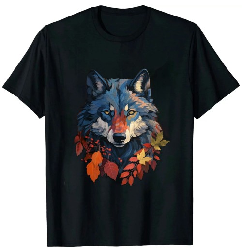 Shangniulu Wolf Autumn Leaves | Art Animal Motif Wolf T-Shirt