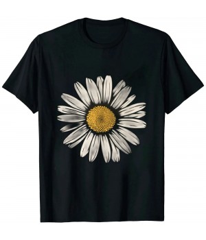 Shangniulu White Flowers Graphic Crewneck Short Sleeve Regular Fit Casual Tee T-Shirts