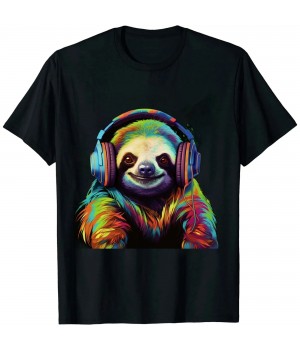 Shangniulu Sloth Artwork Music Colourful Animal Headphones Sloth T-Shirt